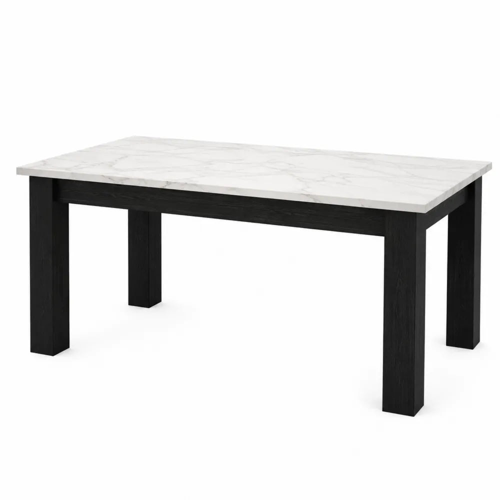 Tavolo da pranzo rettangolare in MDF con piano effetto marmo bianco e struttura nera 180 x 90 x 75 cm
