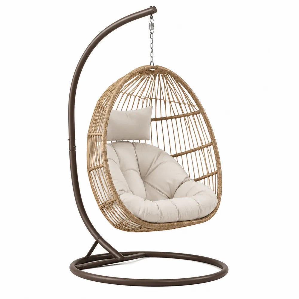 Sedia sospesa a uovo con supporto in acciaio e rattan sintetico PE naturale marrone crema 105 x 105 x 195 cm
