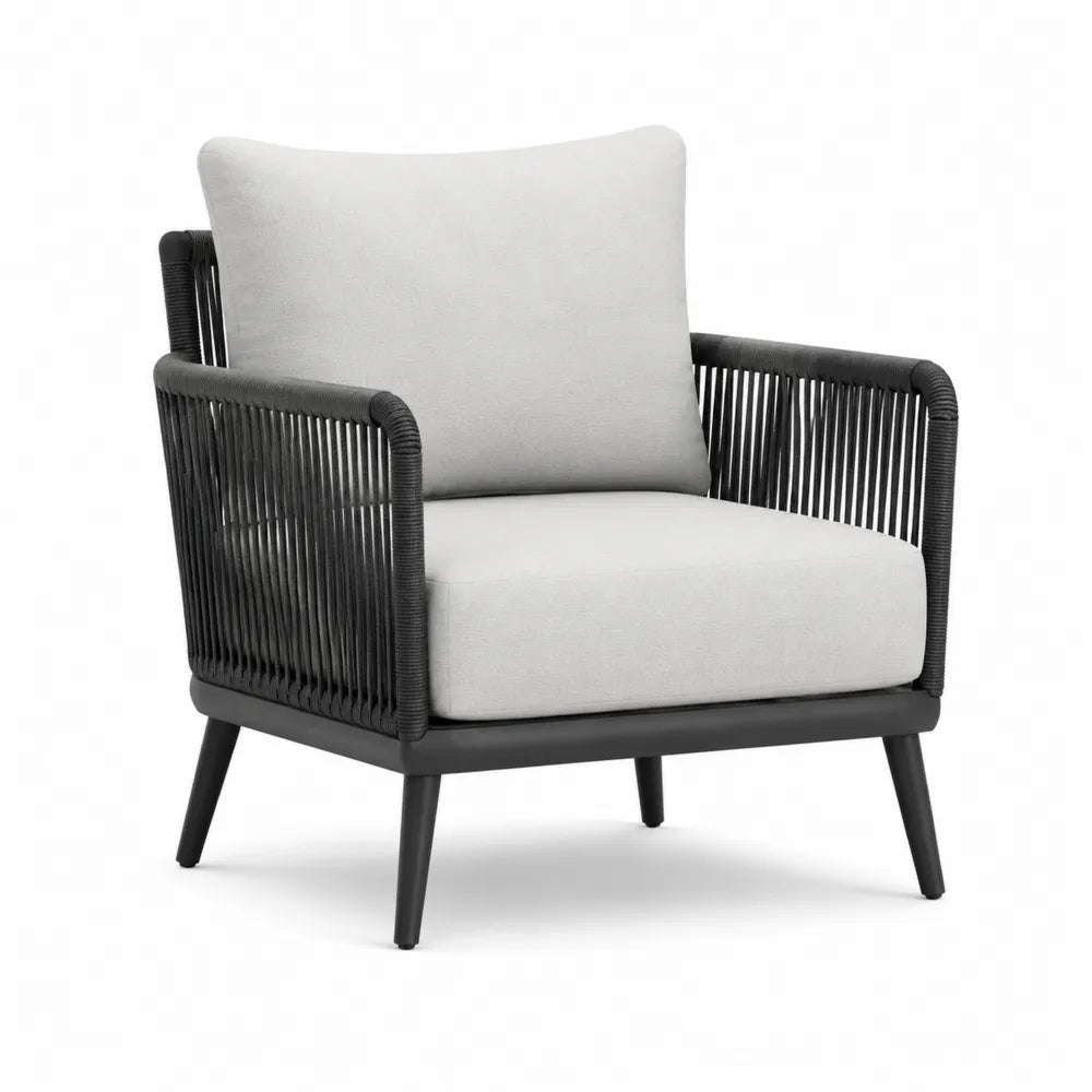 Poltrona lounge da esterno con braccioli in alluminio nero e corda PE cuscini grigio chiaro 70 x 75 x 80 cm