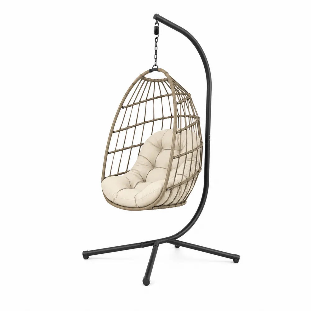 Sedia sospesa a uovo con supporto in acciaio nero e rattan sintetico PE naturale cuscino beige 100 x 100 x 195 cm