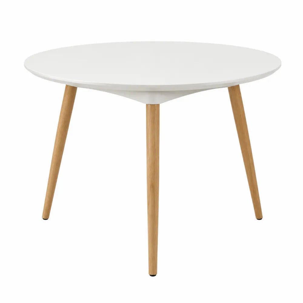 Tavolo da pranzo rotondo in MDF laccato bianco con gambe in legno massello di faggio struttura a tre gambe colore bianco e legno naturale diametro 90 cm altezza 75 cm
