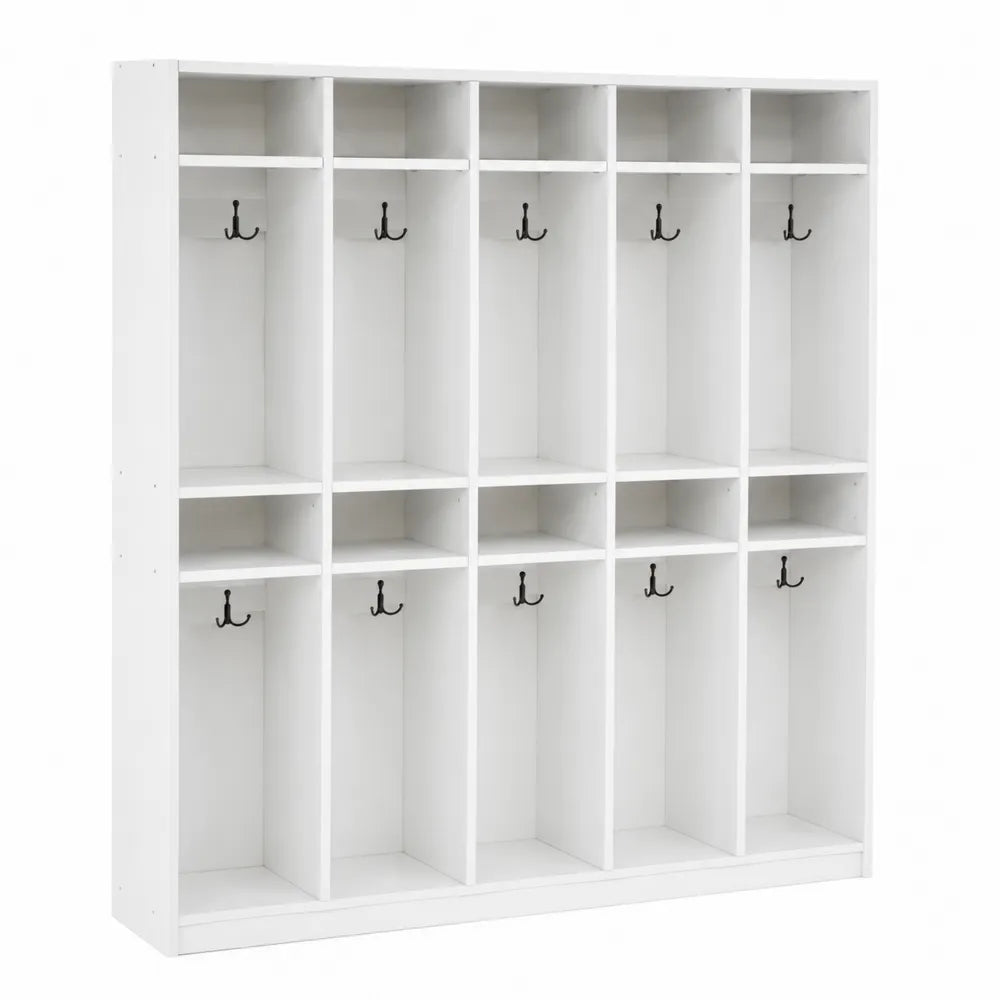 Appendiabiti da ingresso rettangolare da interno in MDF bianco con 10 ganci e 10 scomparti aperti 120 x 35 x 180 cm