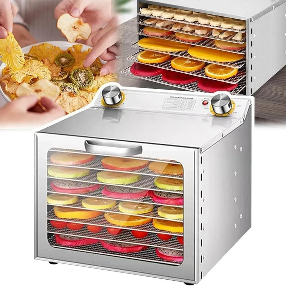 Asciugatrice, 30 a 90 °C, timer, professionale, 2 zone di temperatura, acciaio inox, timer da 12 ore, vassoi in acciaio inox per carne essiccata