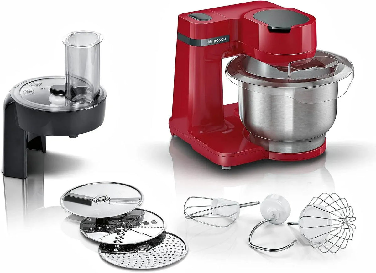 Bosch serie 2 MUMS2ER01 Robot da cucina, 3,8 L, 700 W, pasticceria, acciaio inox, rosso, intaglio e 3 dischi