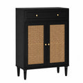 Mobile contenitore rettangolare con cassetto e due ante in rattan naturale struttura in MDF nero maniglie oro 80 x 40 x 95 cm