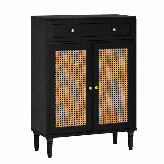 Mobile contenitore rettangolare con cassetto e due ante in rattan naturale struttura in MDF nero maniglie oro 80 x 40 x 95 cm