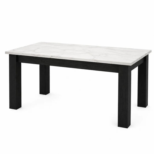 Tavolo da pranzo rettangolare in MDF con piano effetto marmo bianco e struttura nera 180 x 90 x 75 cm