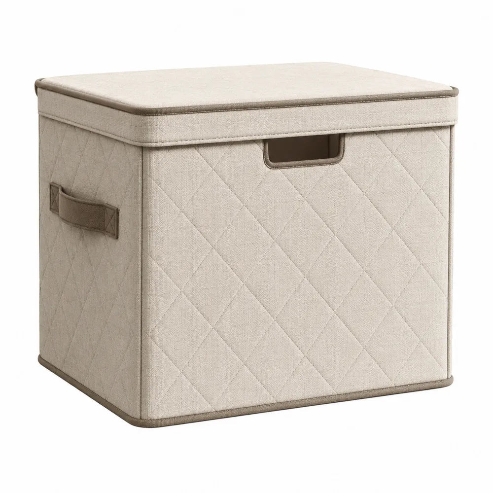 Contenitore portaoggetti rettangolare in tessuto poliestere trapuntato beige e tortora con coperchio 50 x 40 x 40 cm