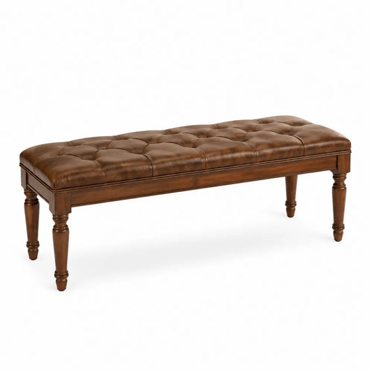 Panca rettangolare imbottita in pelle sintetica PU marrone scuro con struttura in legno massello e gambe tornite 120 x 40 x 45 cm