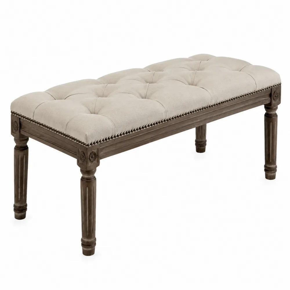 Panca imbottita rettangolare in legno massello di faggio con seduta trapuntata in poliestere beige 120 cm 40 cm 48 cm gambe in legno scuro