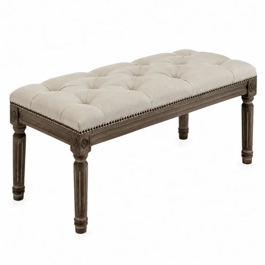 Panca imbottita rettangolare in legno massello di faggio con seduta trapuntata in poliestere beige 120 cm 40 cm 48 cm gambe in legno scuro