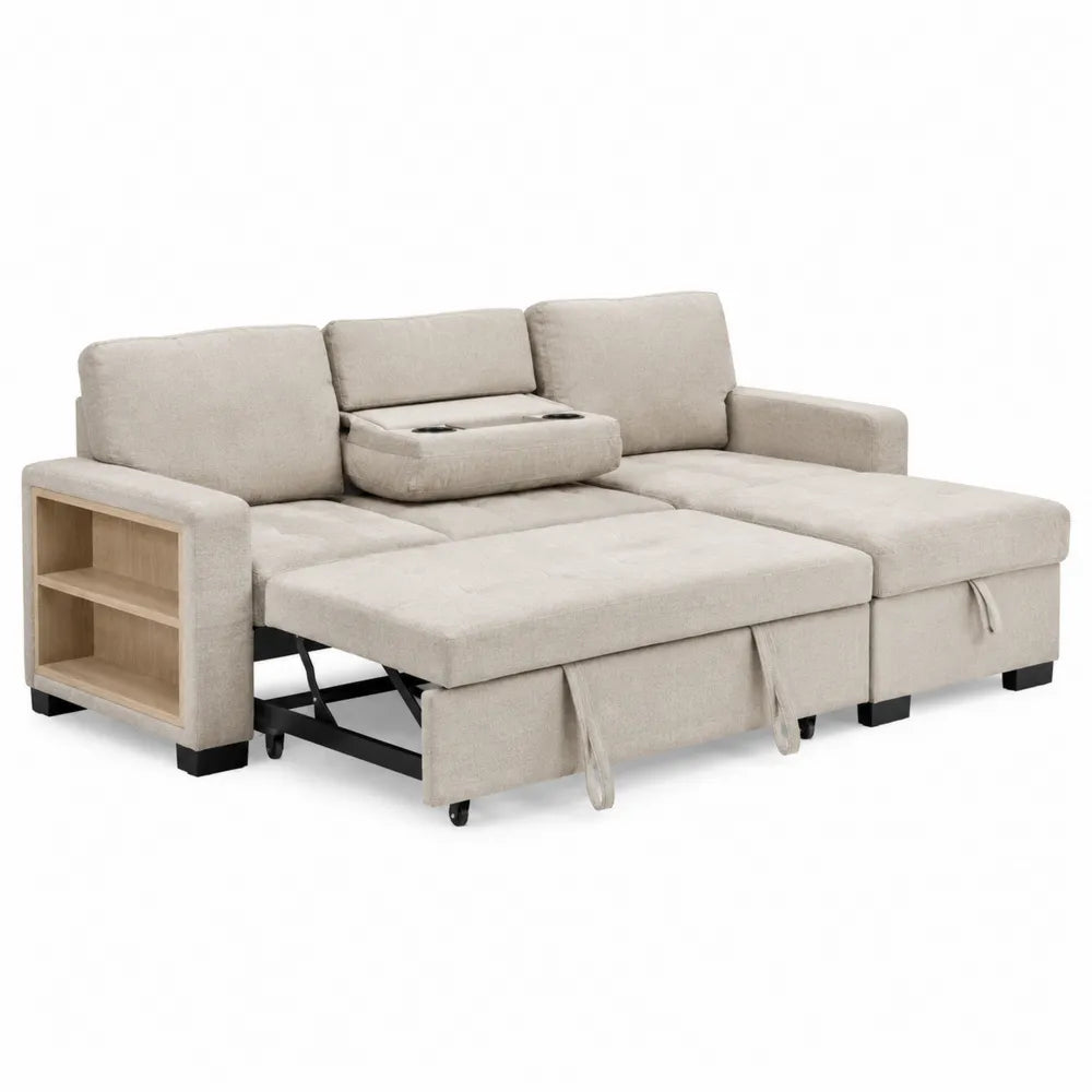 Divano modulare con chaise longue contenitore letto estraibile e ripiani laterali in tessuto di poliestere beige 250x160x85 cm