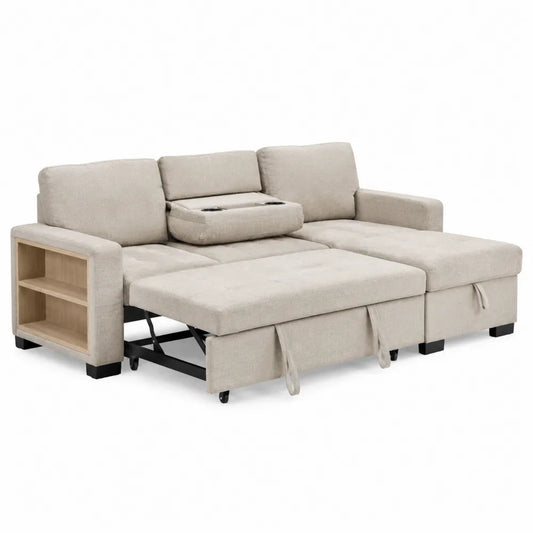 Divano modulare con chaise longue contenitore letto estraibile e ripiani laterali in tessuto di poliestere beige 250x160x85 cm