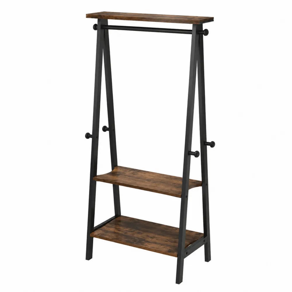 Appendiabiti da ingresso rettangolare da interno in acciaio verniciato nero e MDF effetto legno marrone con barra e 3 mensole 80 x 35 x 160 cm