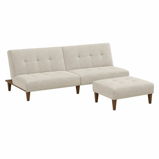 Divano letto 3 posti con pouf in tessuto di poliestere beige e gambe in legno 190x85x82 cm