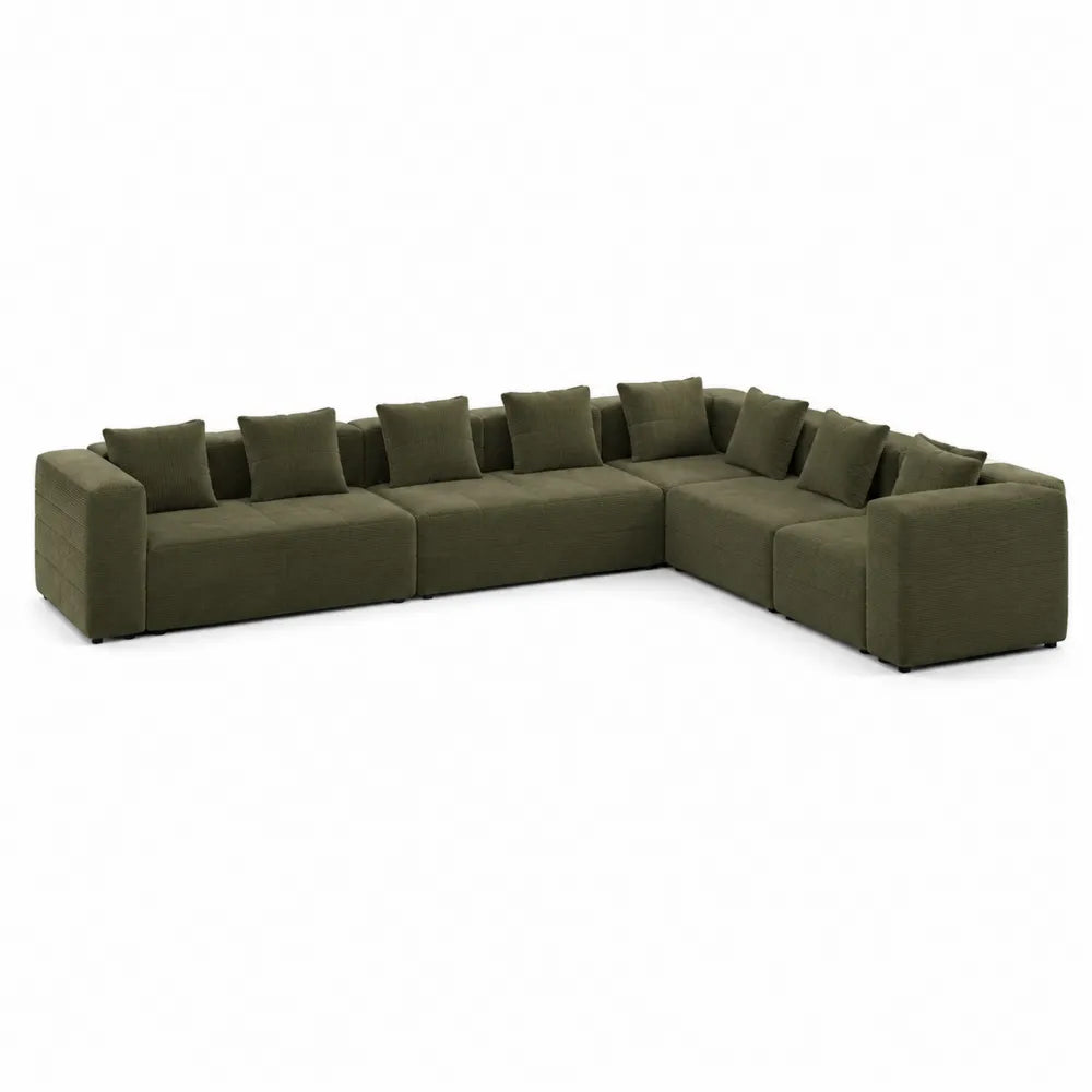 Divano angolare modulare a L in tessuto di poliestere a coste verde oliva 280x180x85 cm