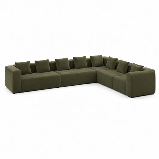 Divano angolare modulare a L in tessuto di poliestere a coste verde oliva 280x180x85 cm