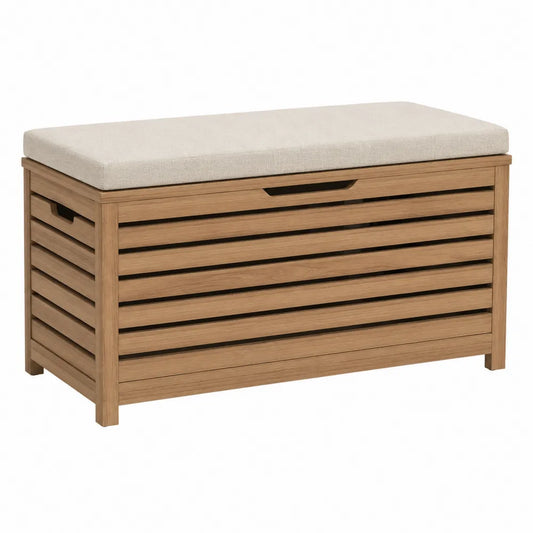 Panca contenitore da esterno in legno massello di acacia con cuscino beige struttura rettangolare colore naturale 120 x 45 x 50 cm