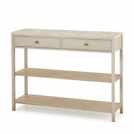 Consolle rettangolare con due cassetti e due ripiani in MDF effetto rovere chiaro struttura in acciaio beige dettagli oro 120 x 40 x 80 cm