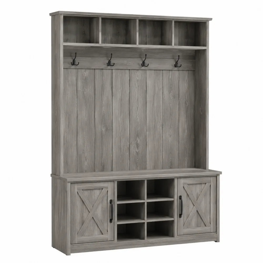 Mobile ingresso appendiabiti rettangolare da interno in pannello truciolare effetto legno grigio con panca scarpiera ganci e ante 100 x 40 x 180 cm