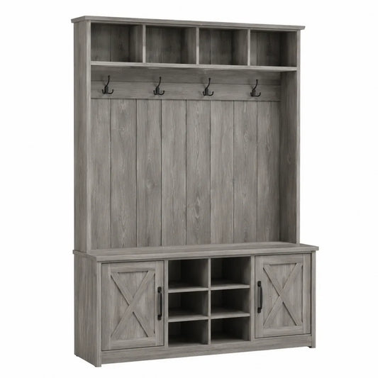 Mobile ingresso appendiabiti rettangolare da interno in pannello truciolare effetto legno grigio con panca scarpiera ganci e ante 100 x 40 x 180 cm