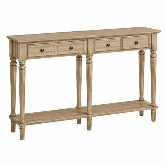 Tavolo consolle in MDF impiallacciato rovere con quattro cassetti e ripiano inferiore gambe in legno massello 140 x 35 x 80 cm colore rovere chiaro