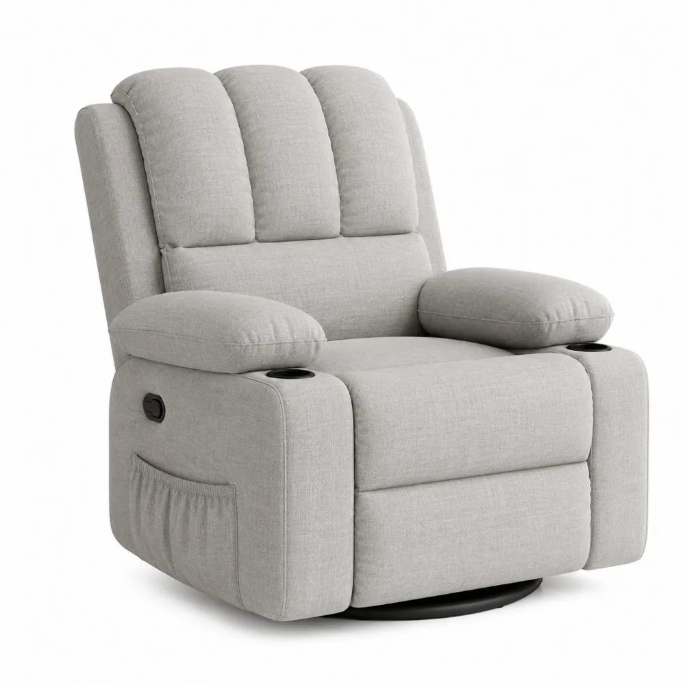Poltrona relax reclinabile girevole in tessuto di poliestere grigio chiaro con portabicchieri e poggiapiedi 85x95x105 cm