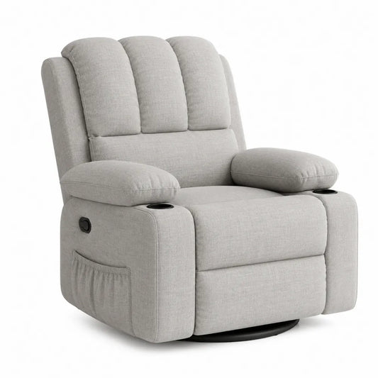 Poltrona relax reclinabile girevole in tessuto di poliestere grigio chiaro con portabicchieri e poggiapiedi 85x95x105 cm
