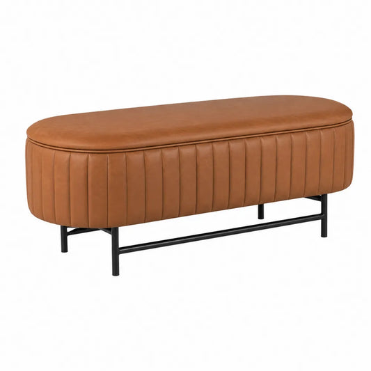 Panca rettangolare imbottita in pelle sintetica PU marrone cognac con base in acciaio verniciato nero 120 x 45 x 45 cm