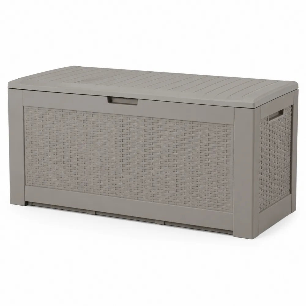 Baule contenitore da esterno rettangolare in PP effetto rattan grigio tortora con coperchio 120 x 60 x 60 cm