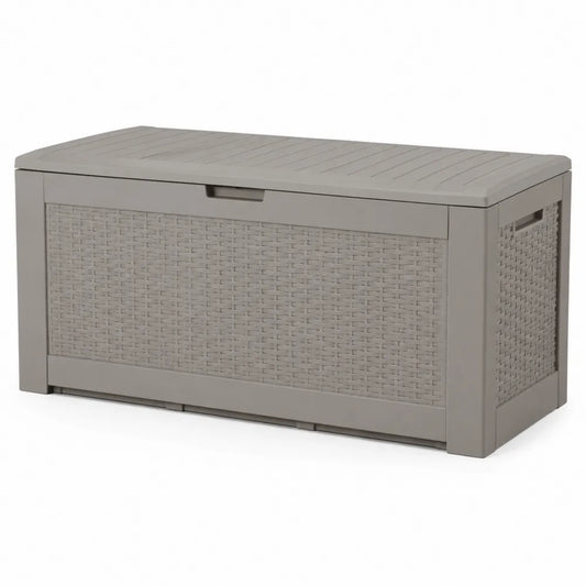 Baule contenitore da esterno rettangolare in PP effetto rattan grigio tortora con coperchio 120 x 60 x 60 cm