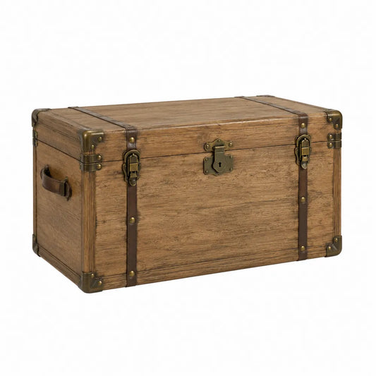 Baule contenitore rettangolare in legno massello di pino marrone con rinforzi in ferro effetto ottone anticato 80 x 40 x 40 cm