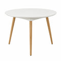 Tavolo da pranzo rotondo in MDF laccato bianco con gambe in legno massello di faggio struttura a tre gambe colore bianco e legno naturale diametro 90 cm altezza 75 cm