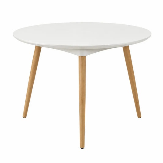 Tavolo da pranzo rotondo in MDF laccato bianco con gambe in legno massello di faggio struttura a tre gambe colore bianco e legno naturale diametro 90 cm altezza 75 cm
