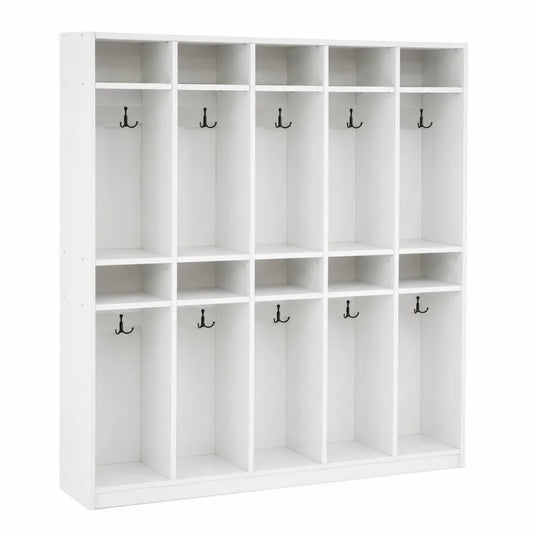 Appendiabiti da ingresso rettangolare da interno in MDF bianco con 10 ganci e 10 scomparti aperti 120 x 35 x 180 cm