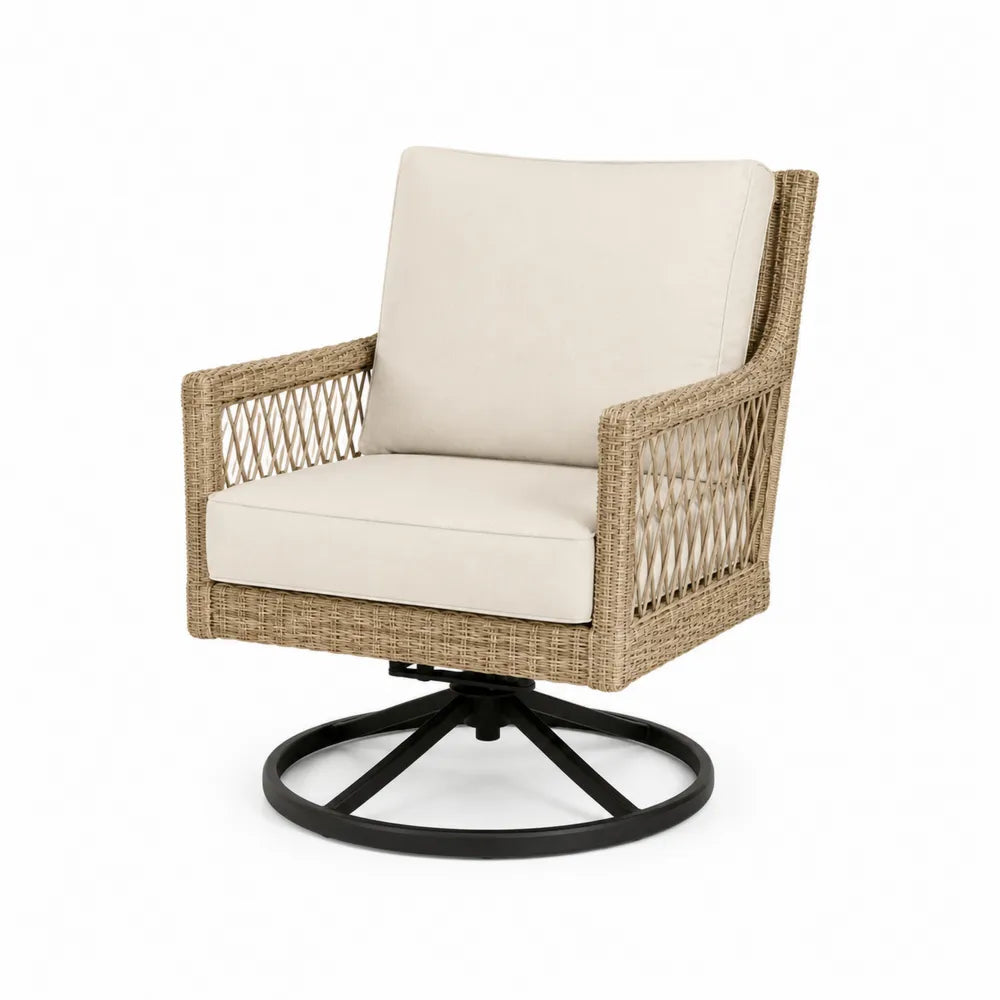 Sedia girevole da esterno in rattan sintetico PE con struttura in acciaio e cuscini beige 75x80x95 cm