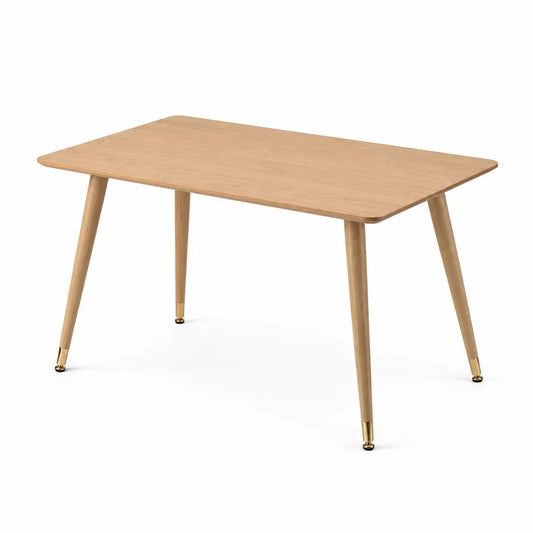 Tavolo da pranzo rettangolare in legno massello di rovere naturale con gambe affusolate e puntali dorati 140 x 80 x 75 cm