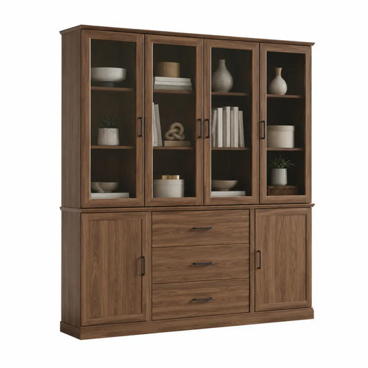 Mobile contenitore vetrina in MDF effetto noce con ante in vetro e cassetti struttura 160 x 40 x 180 cm colore noce scuro e nero