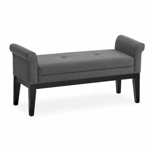 Panca imbottita con braccioli in legno massello verniciato nero e tessuto poliestere grigio 120 cm 45 cm 50 cm