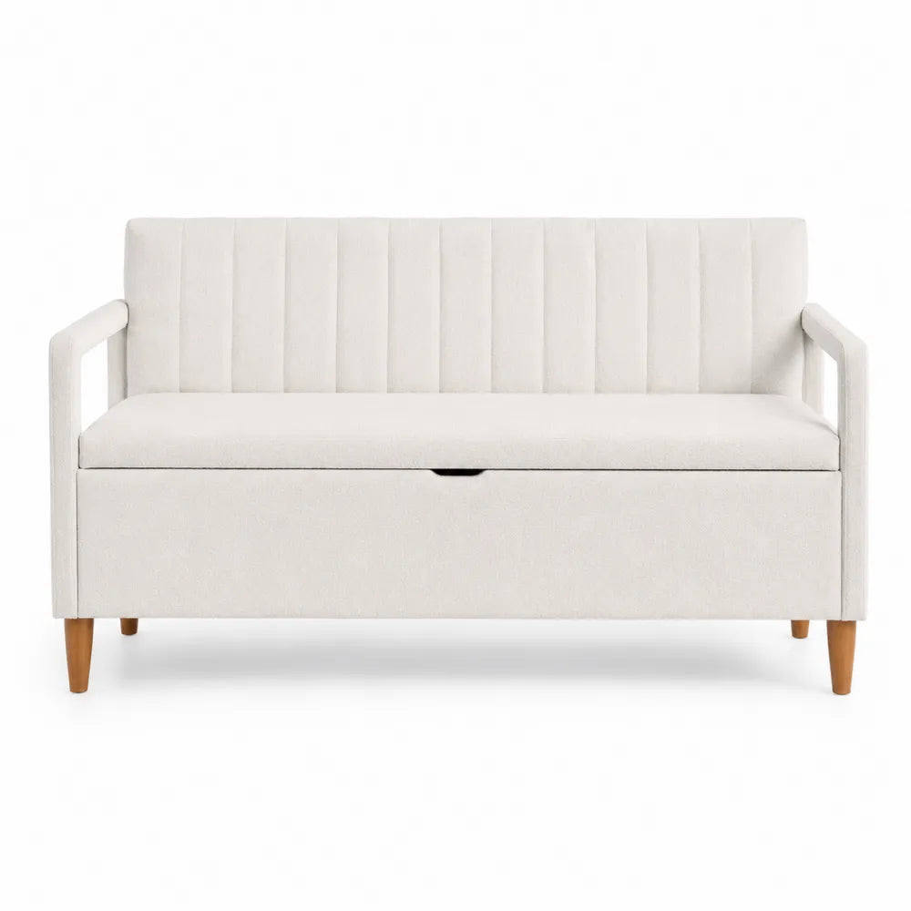 Panca contenitore rettangolare imbottita in tessuto poliestere bianco crema con schienale e braccioli 120 x 55 x 85 cm