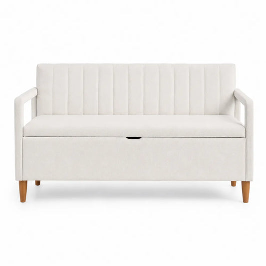 Panca contenitore rettangolare imbottita in tessuto poliestere bianco crema con schienale e braccioli 120 x 55 x 85 cm