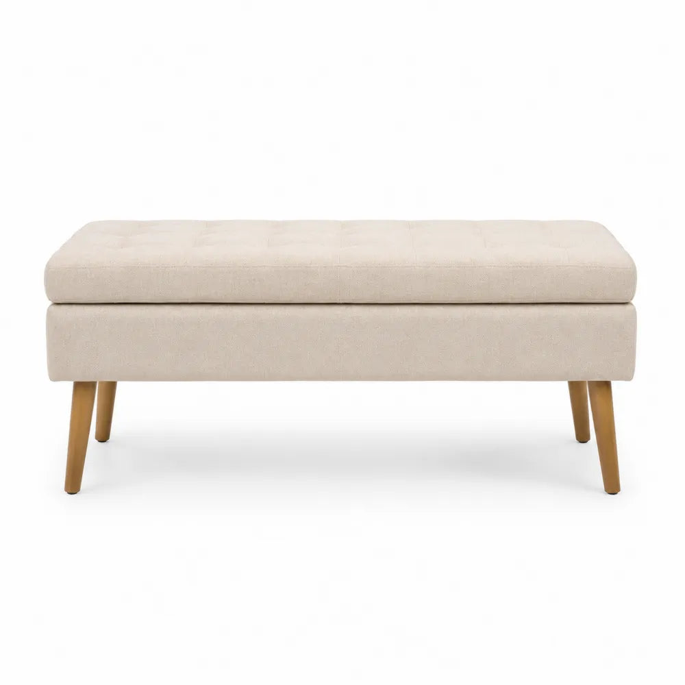 Panca contenitore rettangolare imbottita in tessuto poliestere beige con gambe in legno naturale 120 x 45 x 45 cm