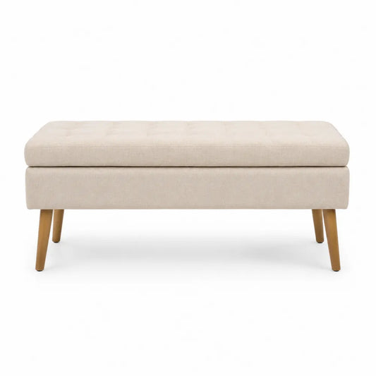 Panca contenitore rettangolare imbottita in tessuto poliestere beige con gambe in legno naturale 120 x 45 x 45 cm