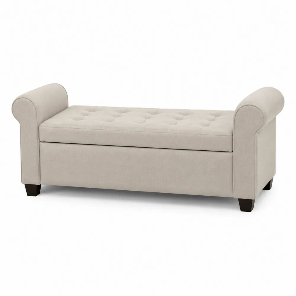Panca contenitore imbottita in legno massello con tessuto poliestere beige con braccioli 120 cm 45 cm 55 cm