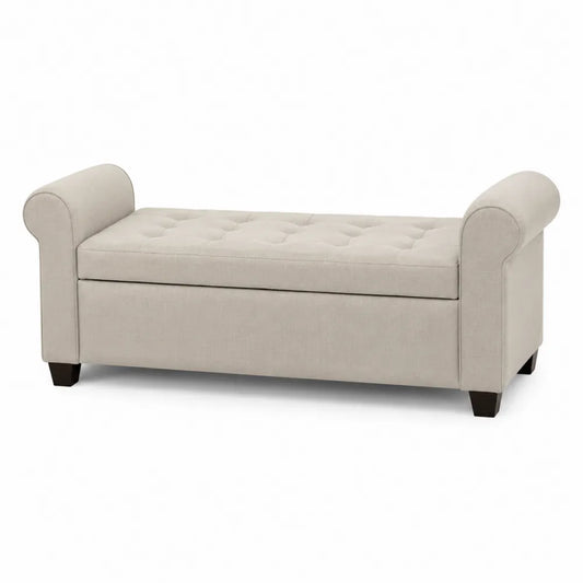 Panca contenitore imbottita in legno massello con tessuto poliestere beige con braccioli 120 cm 45 cm 55 cm
