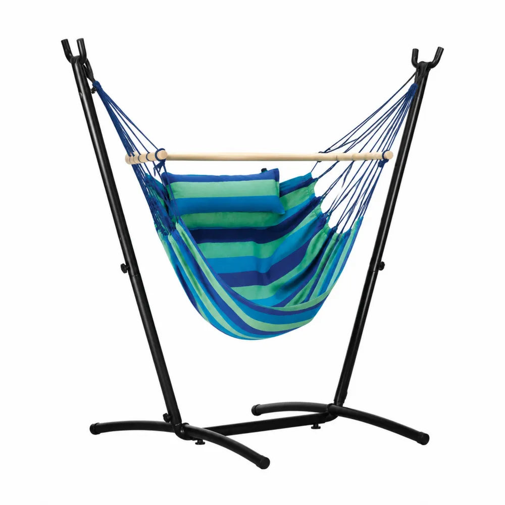 Amaca con supporto autoportante in acciaio nero tessuto poliestere a righe blu e verdi con cuscino 200 x 120 x 200 cm