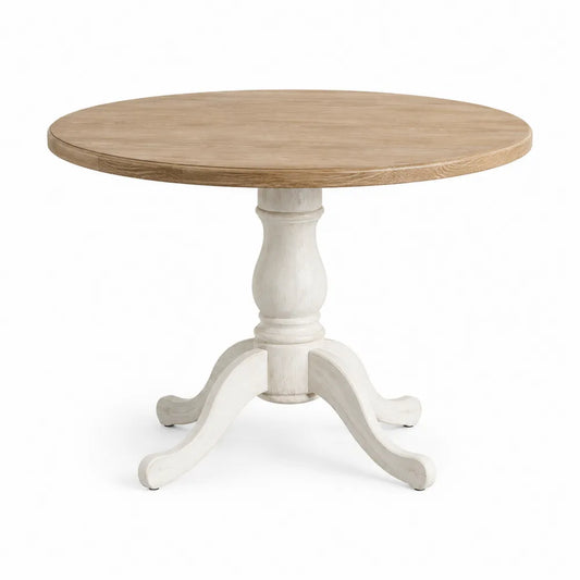 Tavolo da pranzo rotondo diametro 120 cm con piano in MDF effetto rovere naturale e base centrale in legno di gomma bianco 120 x 75 cm
