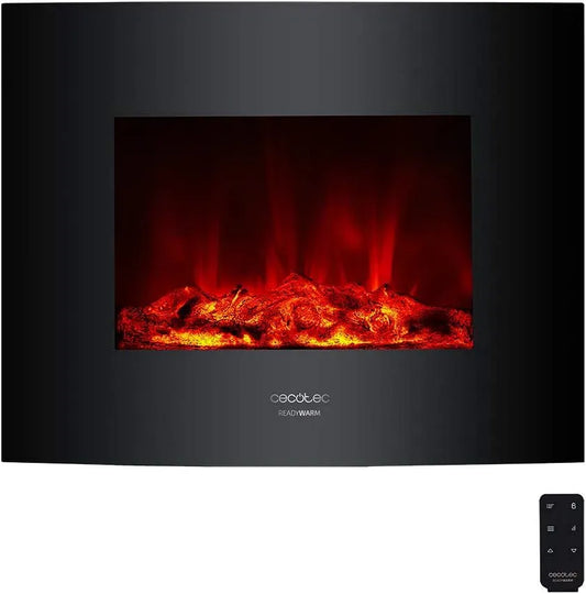 Cecotec 20m2 Télécommande, Panneau curve en verre templé, Cheminée électrique Ready Warm 2200 Curved Flames, 2000W, 2 niveaux de puissance, Nero