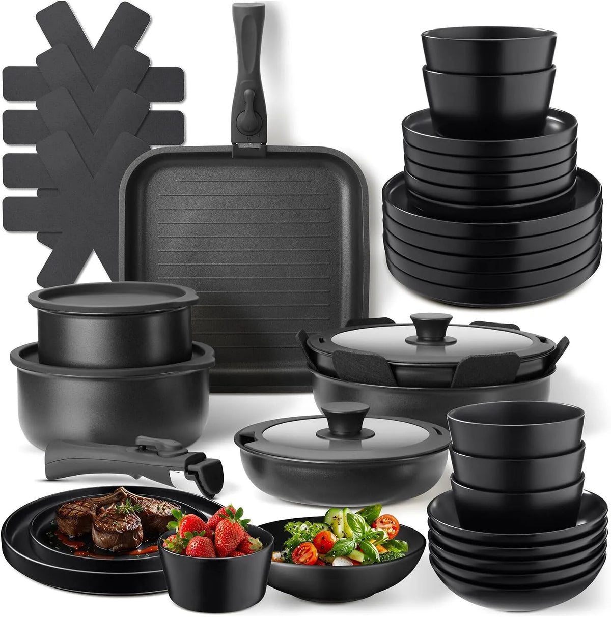 Lavastoviglie, grill, nero, tectake® Set cucina 41 pezzi x 6 persone, 24 pcs tra piatti e ciotole, 17 pcs tra padelle