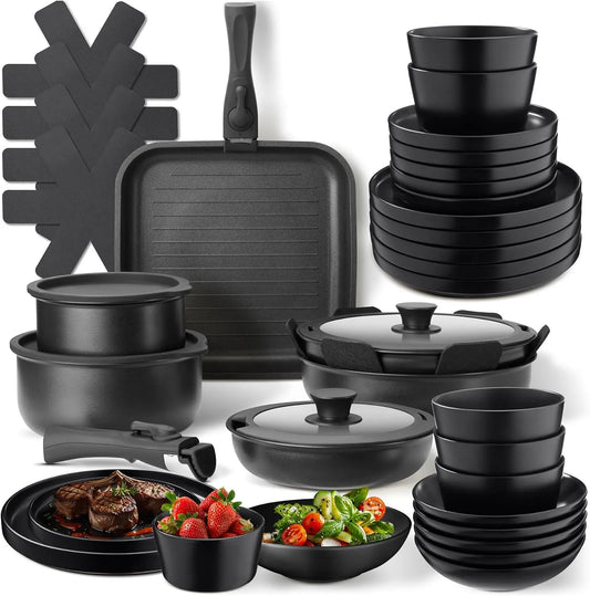Lavastoviglie, grill, nero, tectake® Set cucina 41 pezzi x 6 persone, 24 pcs tra piatti e ciotole, 17 pcs tra padelle